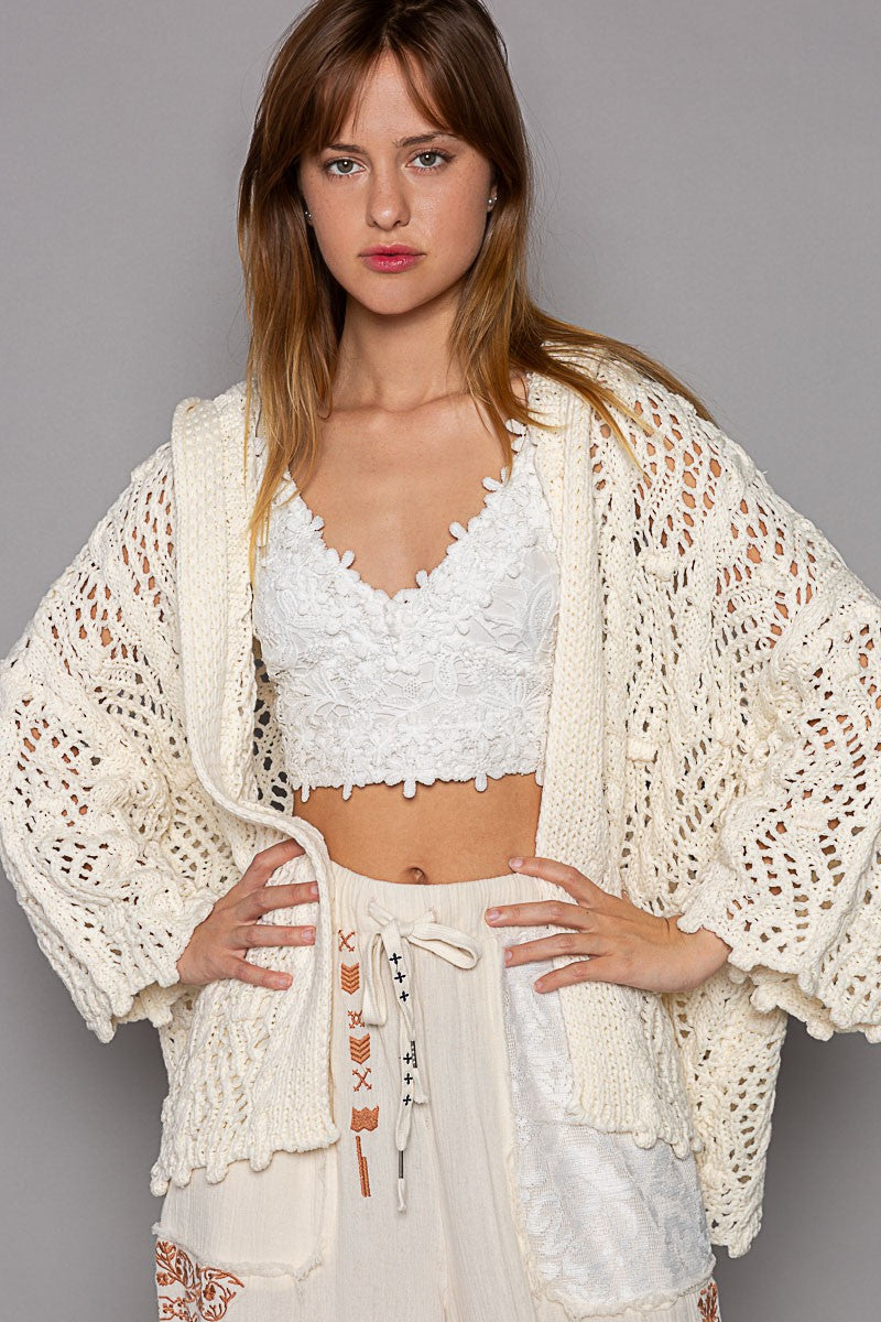 POL Open Weaving Long Sleeve Hoodie Sweater Cardigan Top