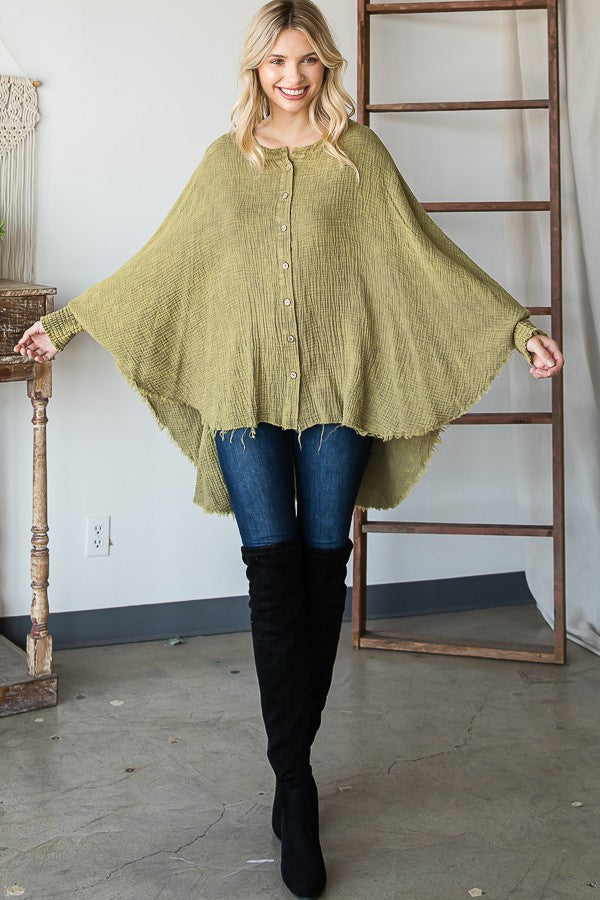 Oli & Hali Mineral Washed Button Down Crinkled Woven Oversize Top