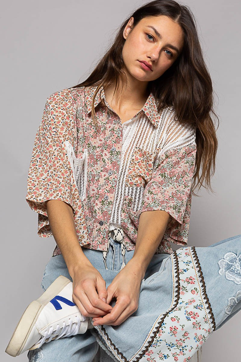 POL Short Sleeve Woven Print Crochet Mixed Shirt Top