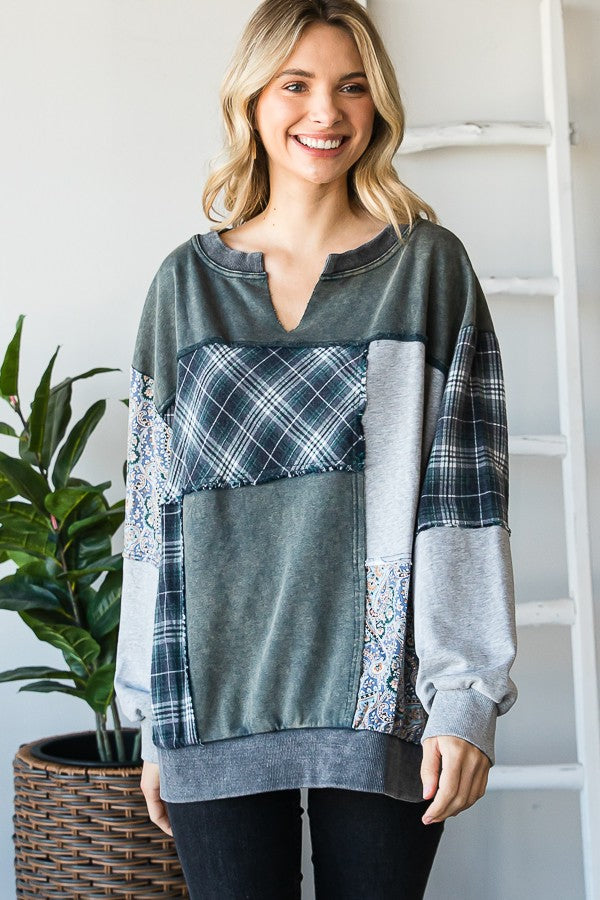 Oli & Hali Mineral Washed Fabric Mixed Pullover Top