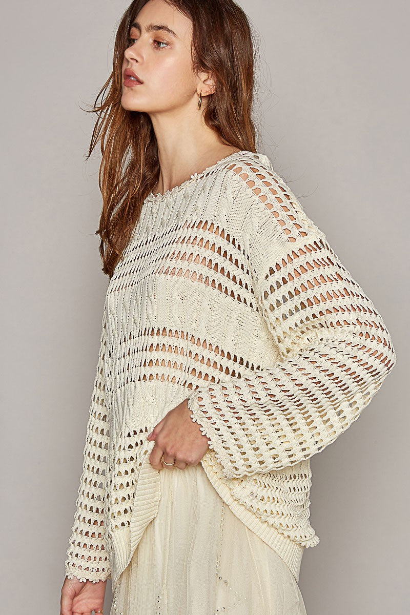 POL Round Neck Long Sleeve Rib Weave Solid Sweater Top