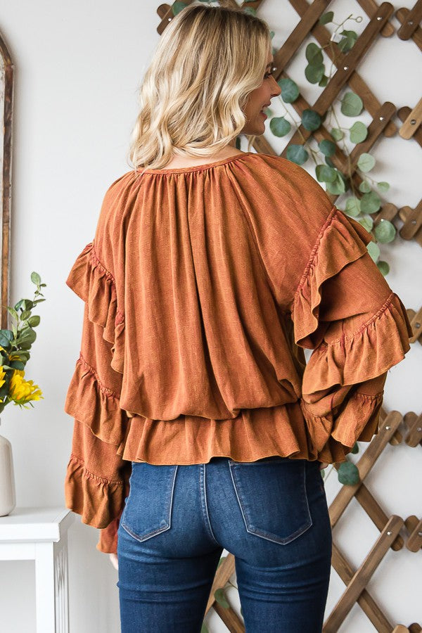 Oli & Hali Washed Ruffle Sleeve Peplum Top