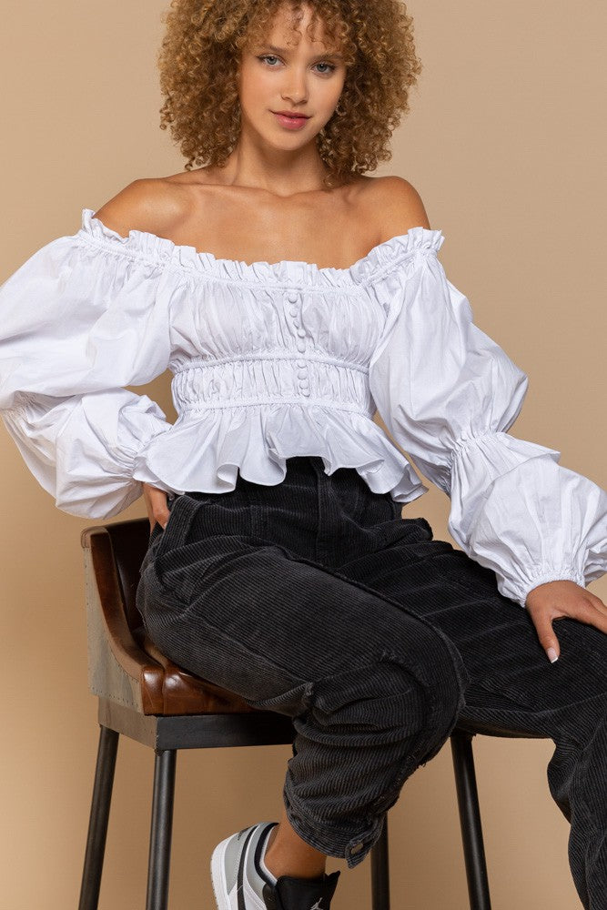 POL Off-shoulder Crop Length Long Sleeve Poplin Ruffled Top - Roulhac Fashion Boutique