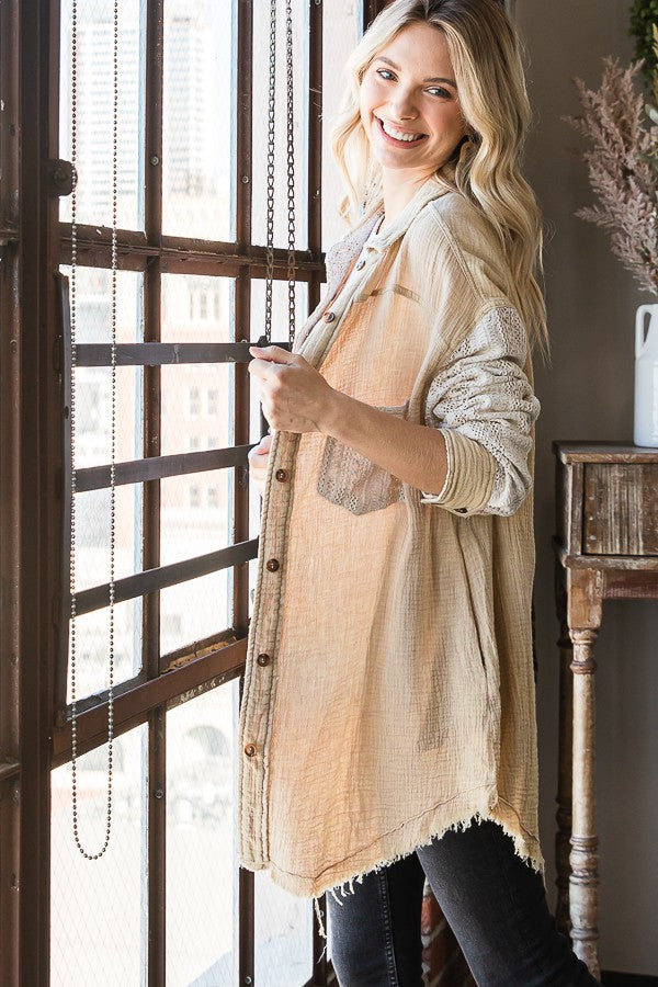 Oli & Hali Mineral Washed Mixed Lace Shirts Jacket