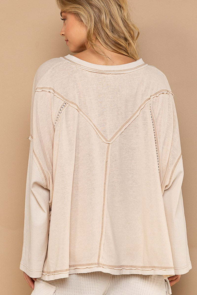 POL Oversize Placket Long Sleeve Studded Trim Knit Top