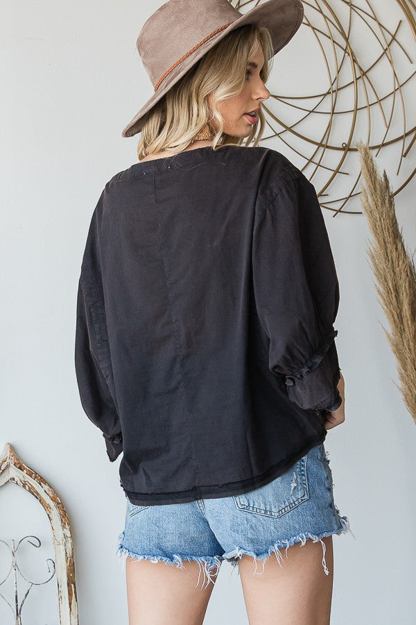 Oli & Hali Mineral Washed Embroidery Detail Front Solid Blouse Top