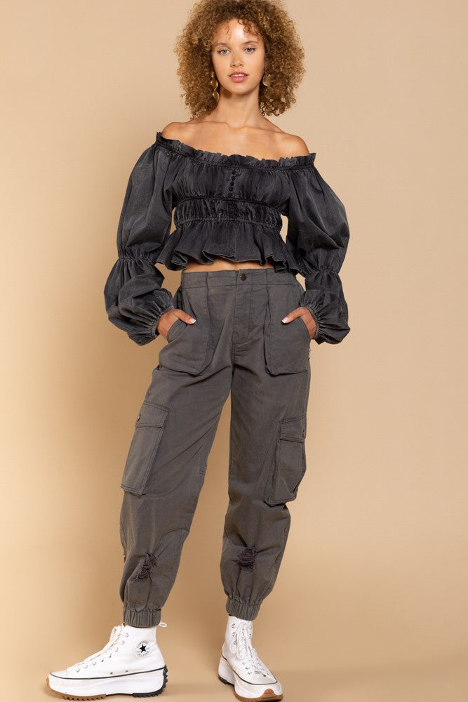 POL Off-shoulder Crop Length Long Sleeve Poplin Ruffled Top