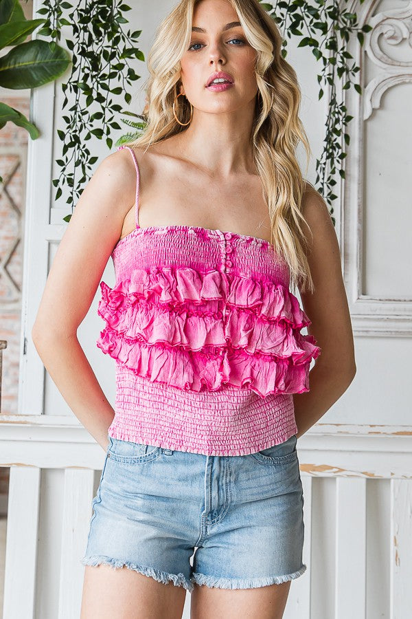 Oli & Hali Mineral Washed Smocked Waist Ruffle Tank Top