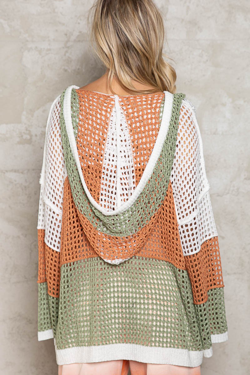 POL Color Block Oversize Open Knit Dumpy Hood Sweater Top