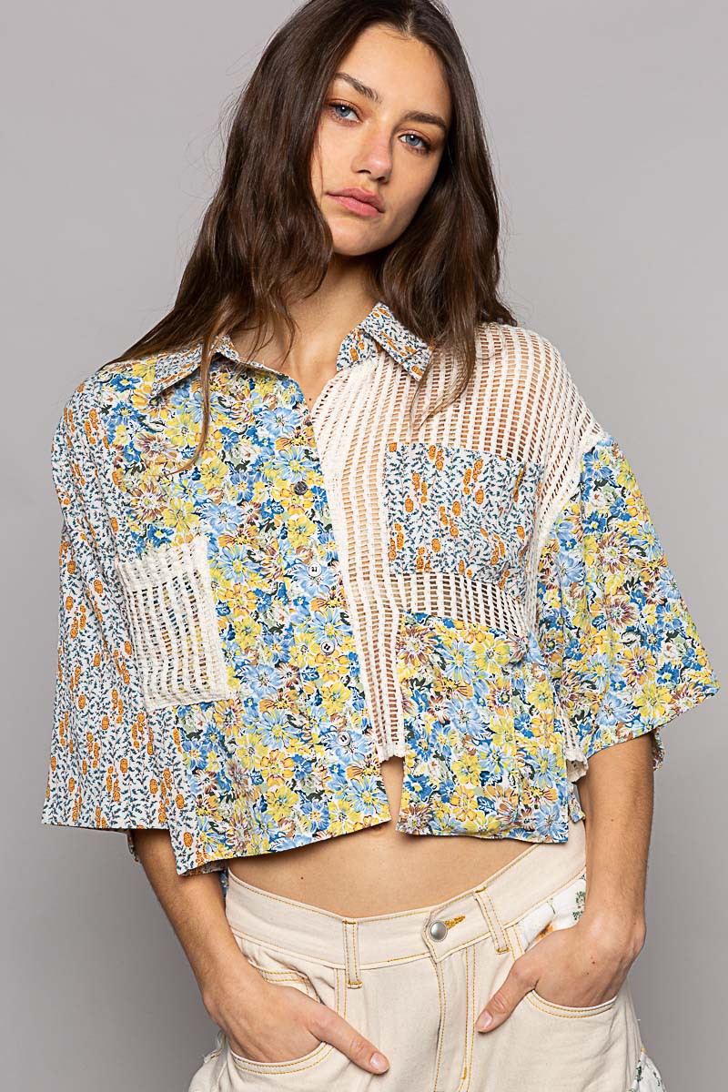 POL Short Sleeve Woven Print Crochet Mixed Shirt Top