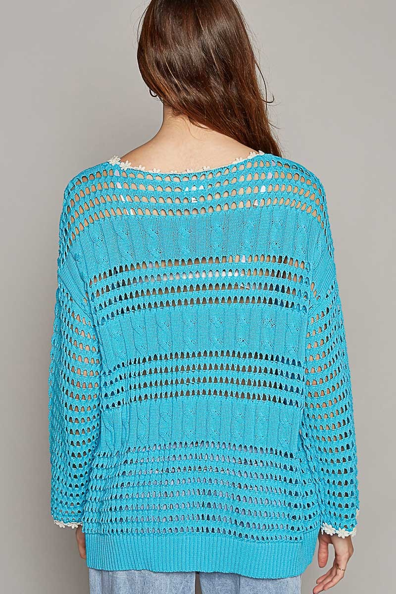 POL Round Neck Long Sleeve Rib Weave Solid Sweater Top