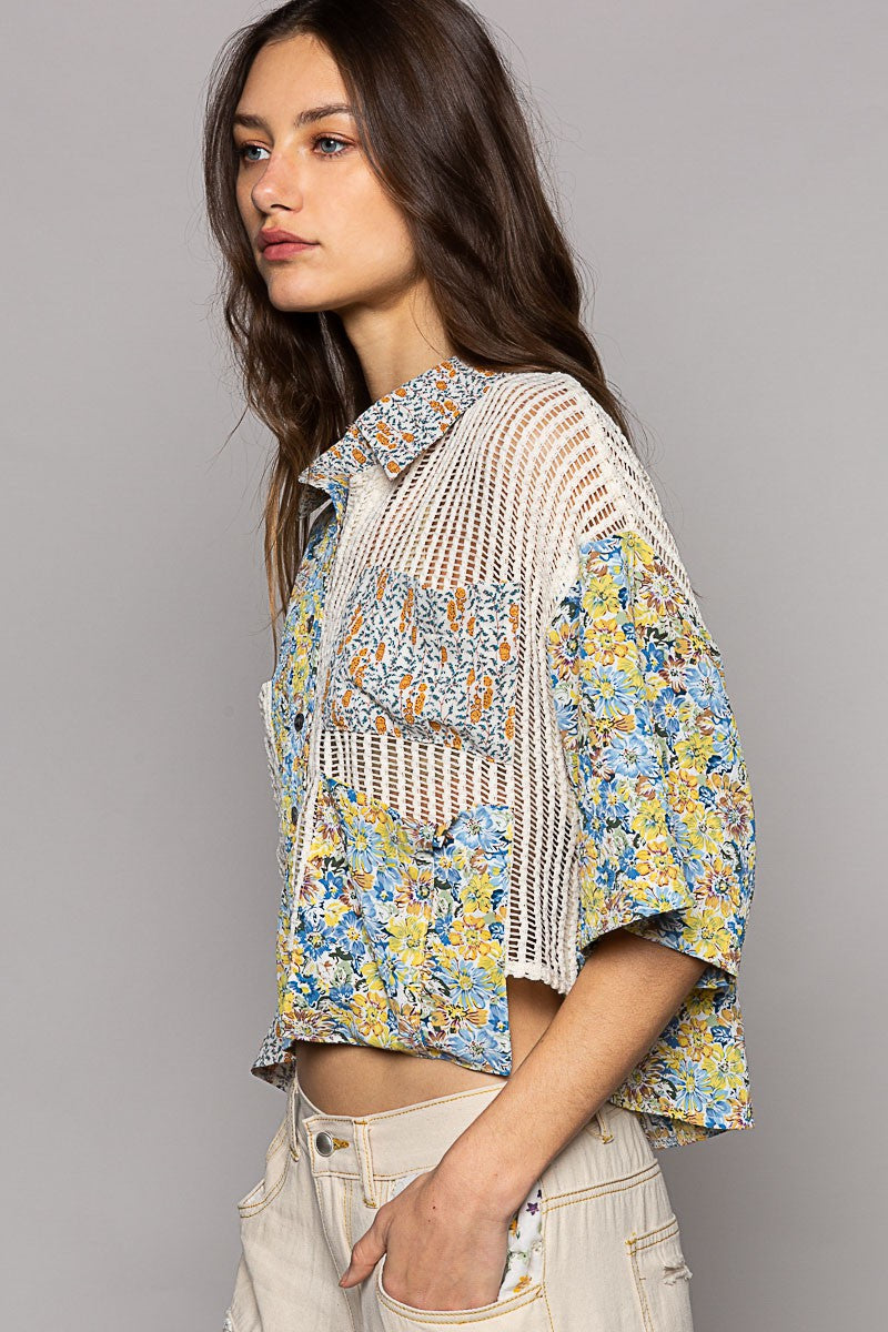 POL Short Sleeve Woven Print Crochet Mixed Shirt Top