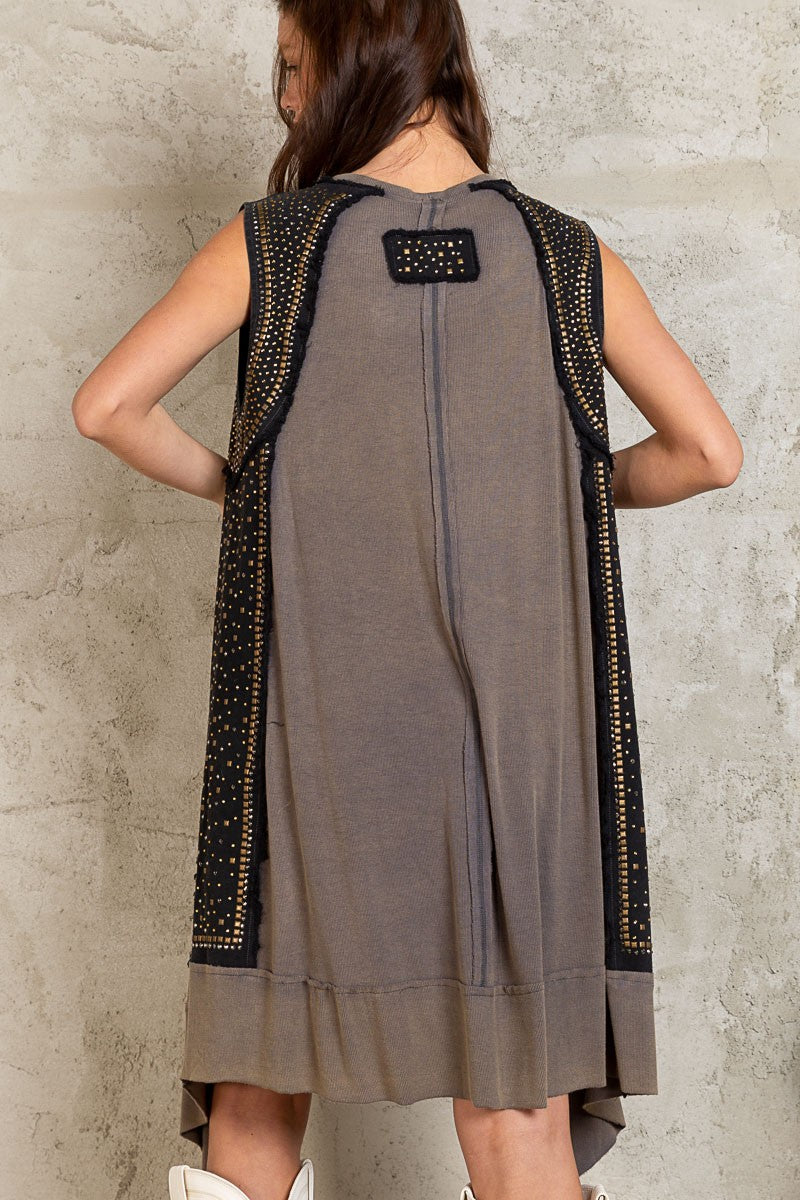 POL Open Front Embellished Studs Sleeveless Tunic Top