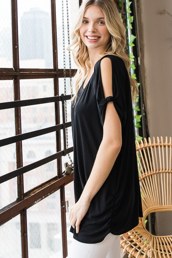 Oli & Hali Cold Shoulder Round Neck Knit Top