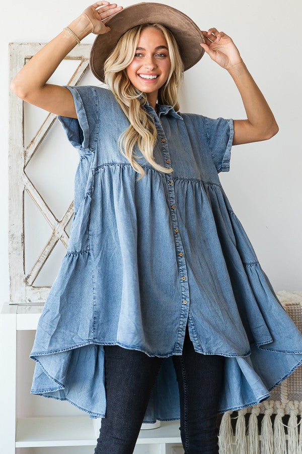 Oli & Hali Mineral Washed Tencil Tiered Button Down Dress