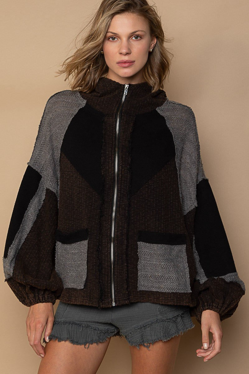 POL Zipper Front Hooded High Neck Balloon Sleeves Oversize Fit Textured Jacket - Roulhac Fashion Boutique