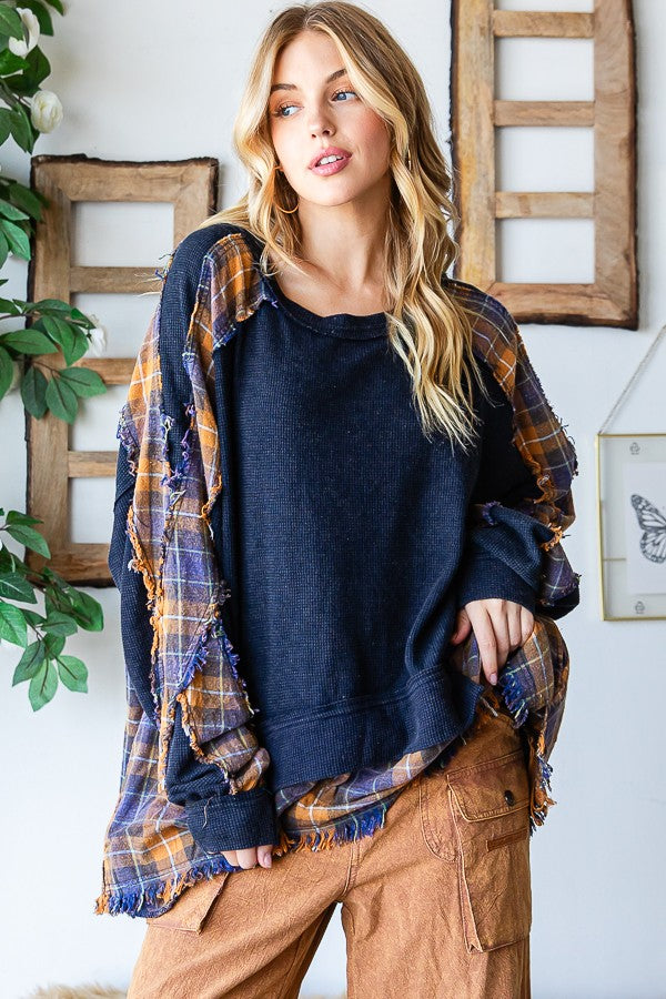 Oli & Hali Washed Long Sleeve Plaid Detail Top