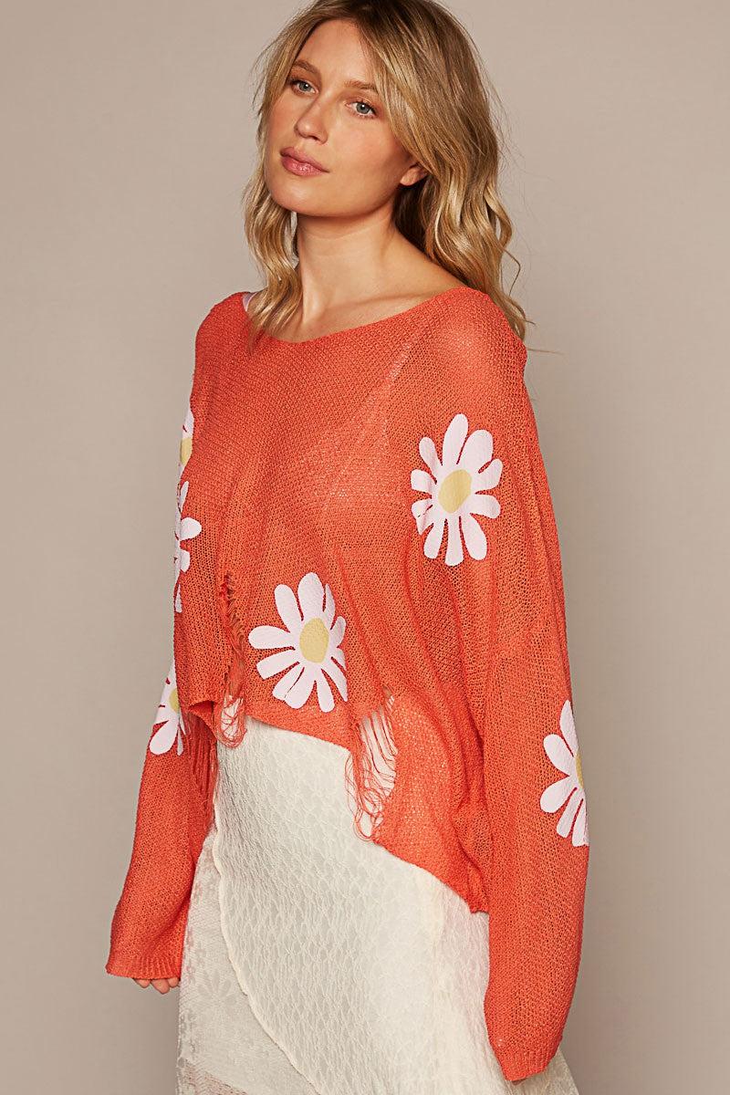 POL Long Sleeve Distress Flower Patches Pullover Top
