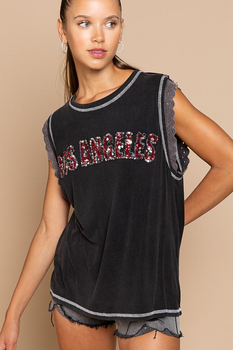 POL Colorblock Sequins Lettering Sleeveless Top