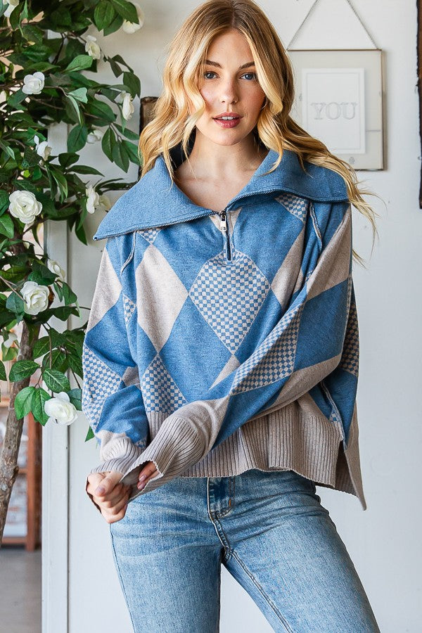 Oli & Hali Argyle Half Zip Up Pullover Sweater Top