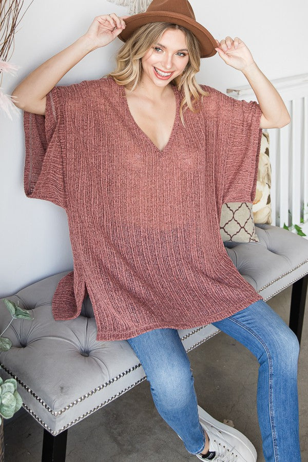 Oli & Hali Low Gauge Loose Fit Solid Knit V Neck Top