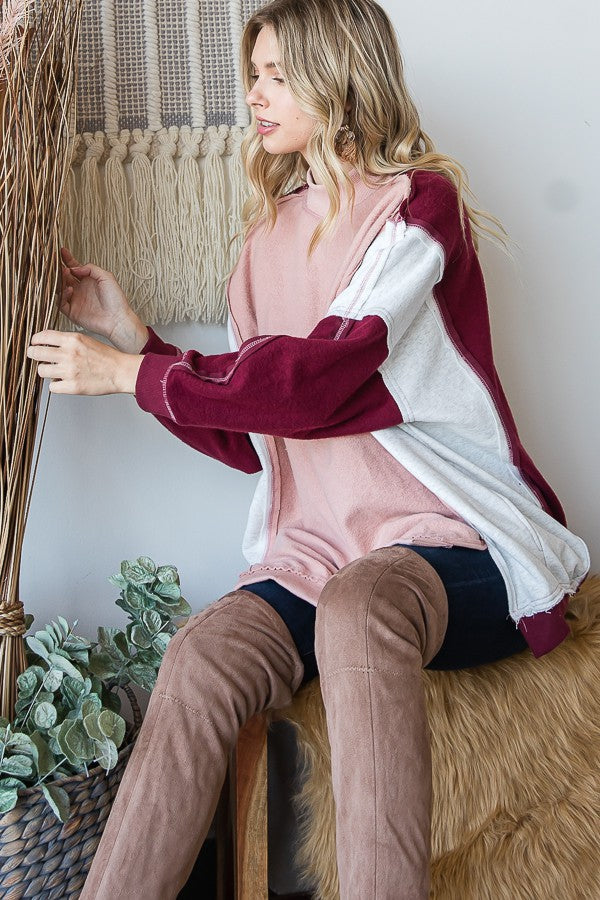 Oli & Hali Color Block Washed Detail Loose Fit Knit Top