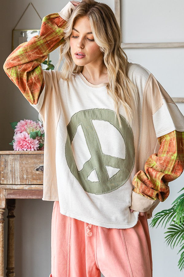 Oli & Hali Peace Applique Plaid Sleeve Pullover Top