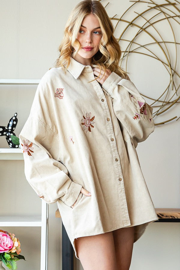 Oli & Hali Washed Embroidery Pincorduroy Shirt Top