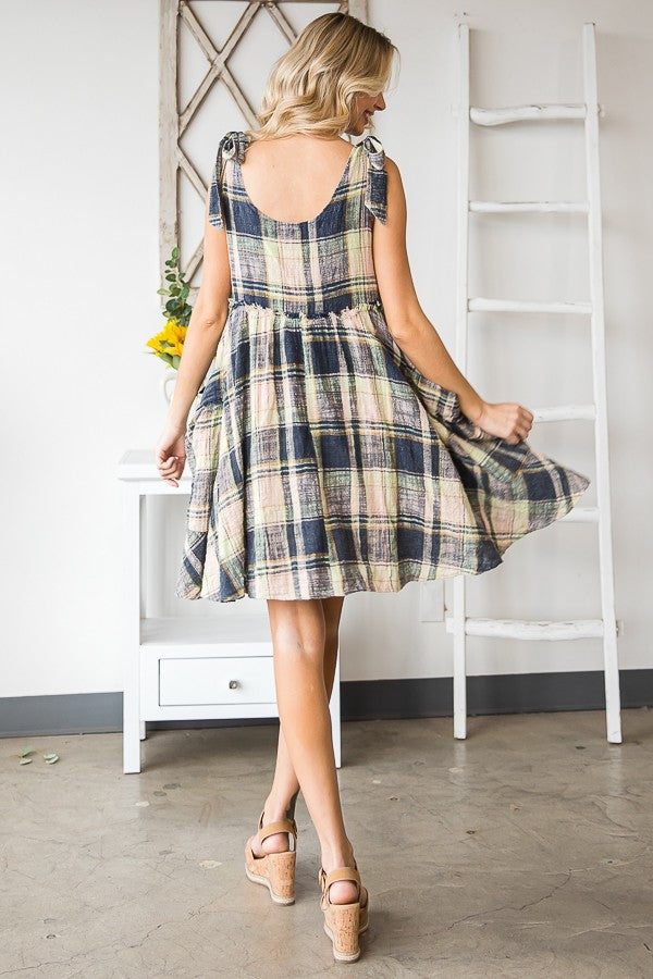 Oli & Hali Mineral Washed Plaid Baby Doll Dress