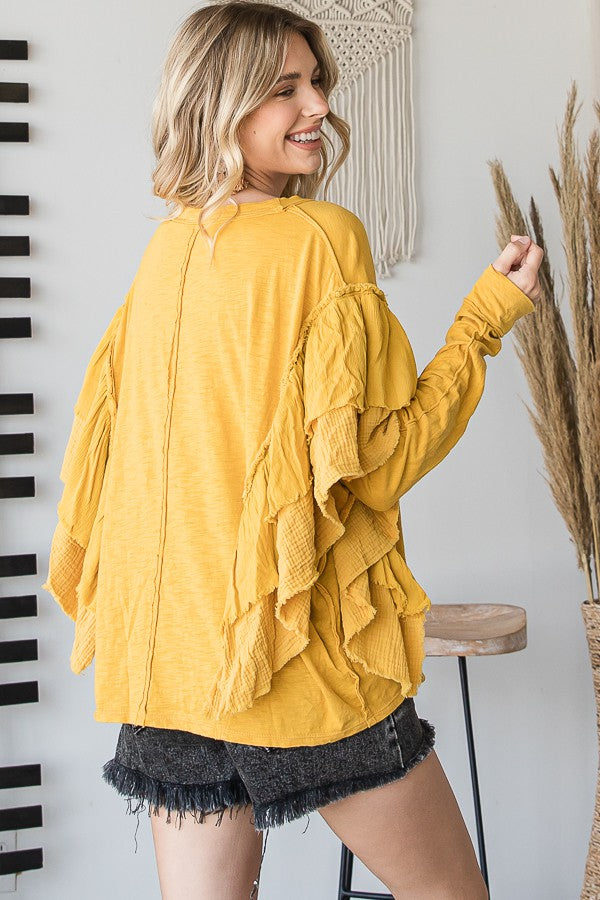 Oli & Hali Mineral Washed Ruffle Detail Sleeves Solid Top