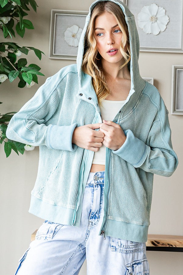 Oli & Hali Washed Waffle Zip Up Long Sleeve Jacket