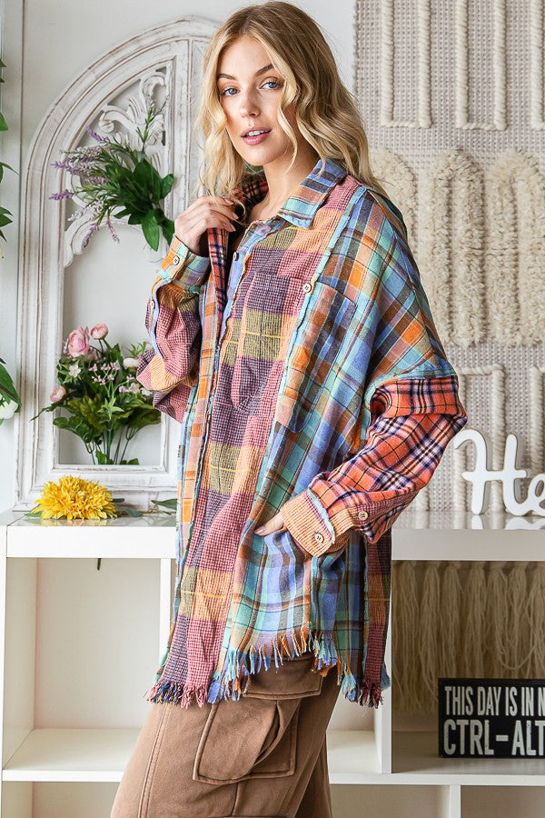 Oli & Hali Washed Plaid Mixed Buttondwon Shirt Jacket