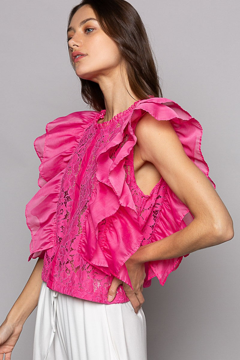 POL Sleeveless Round Neck Chiffon Ruffle Lace Top