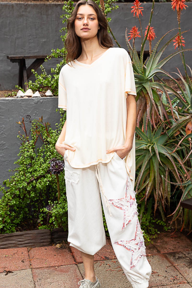 POL Vintage Washing Oversize V-Neck Solid Hi-Low Basic Top