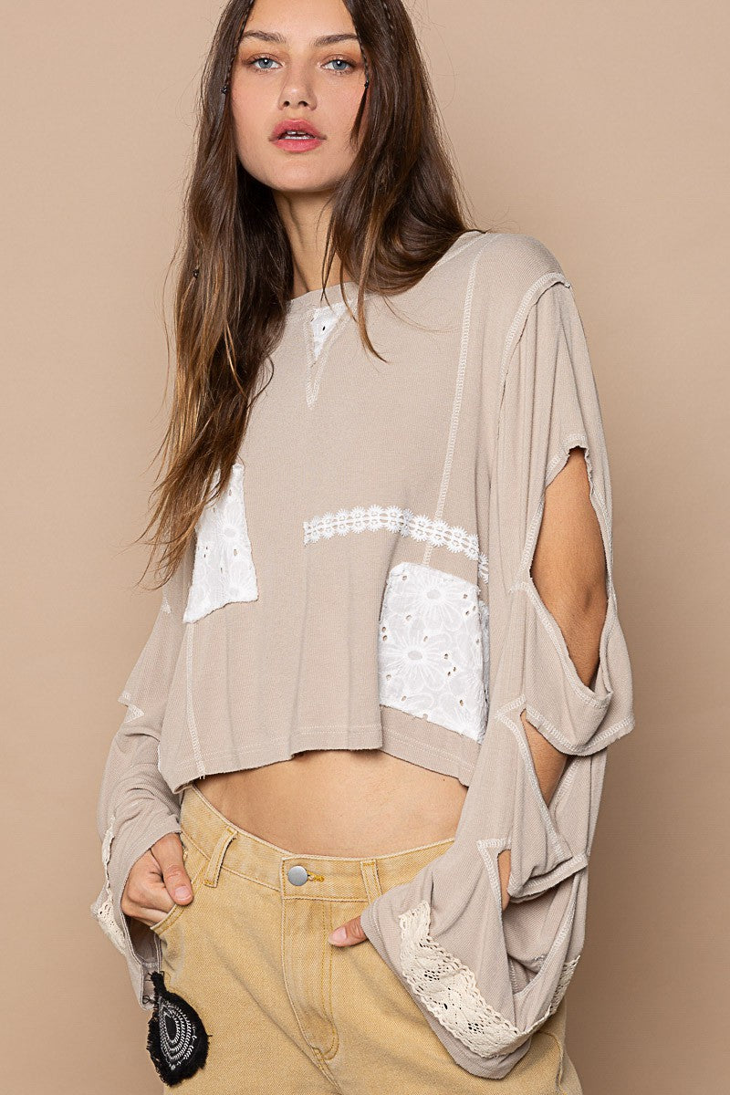 POL Vintage Wash Opening Trim Patch Rib Long Sleeve Top