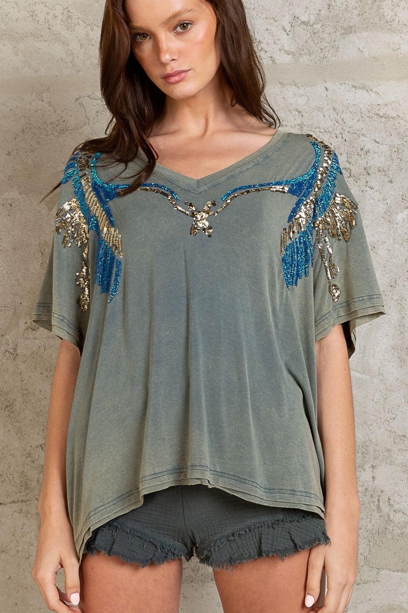 POL Embroidered Sequin And Beads Detail Short Length Sleeve VNeck Top - Roulhac Fashion Boutique