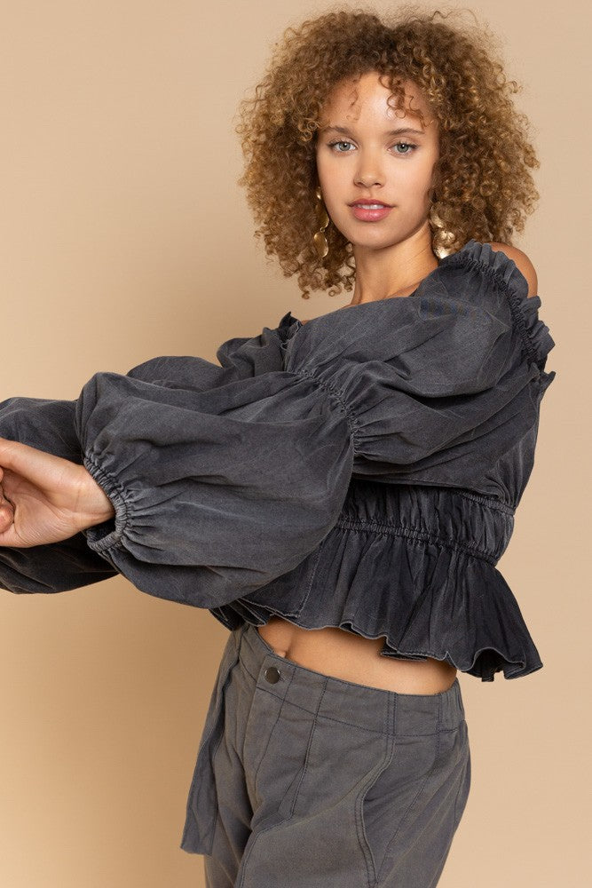 POL Off-shoulder Crop Length Long Sleeve Poplin Ruffled Top