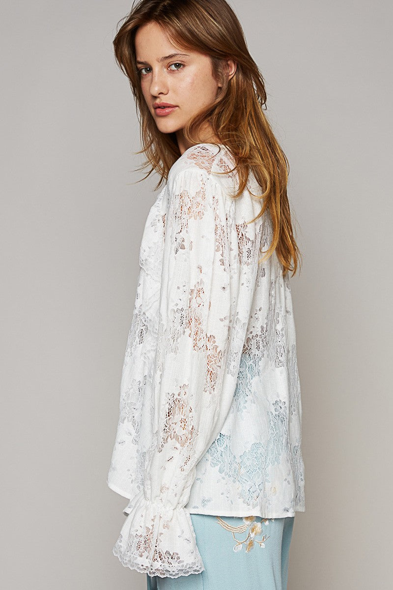 POL Long Balloon Sleeve V Neck Front Ruffle Woven Top