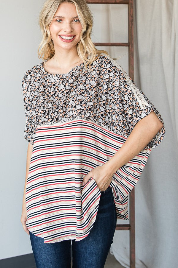 Oli & Hali Floral Print Crochet Detail Sleeve Top