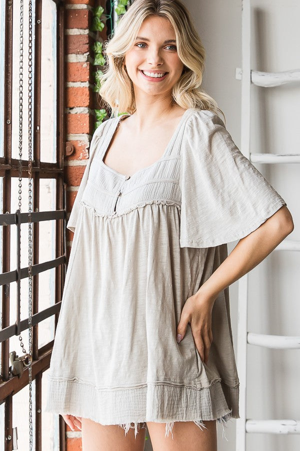 Oli & Hali Mineral Washed Ballon Sleeve Babydoll Top