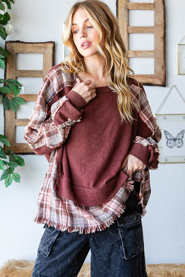 Oli & Hali Washed Long Sleeve Plaid Detail Top