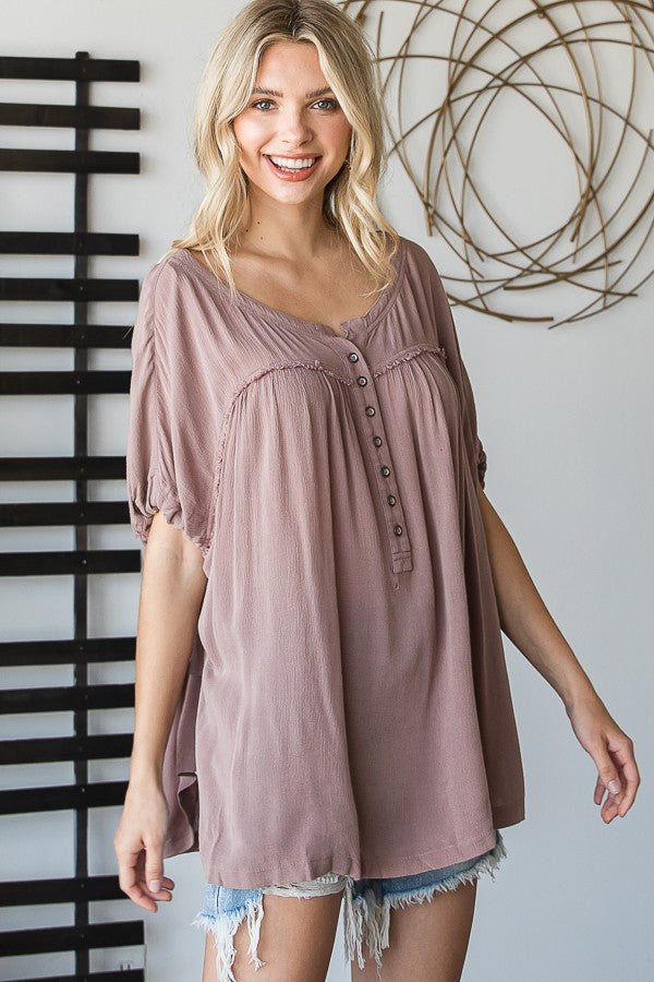 Oli & Hali Mineral Washed Shirred Front Button Down Top