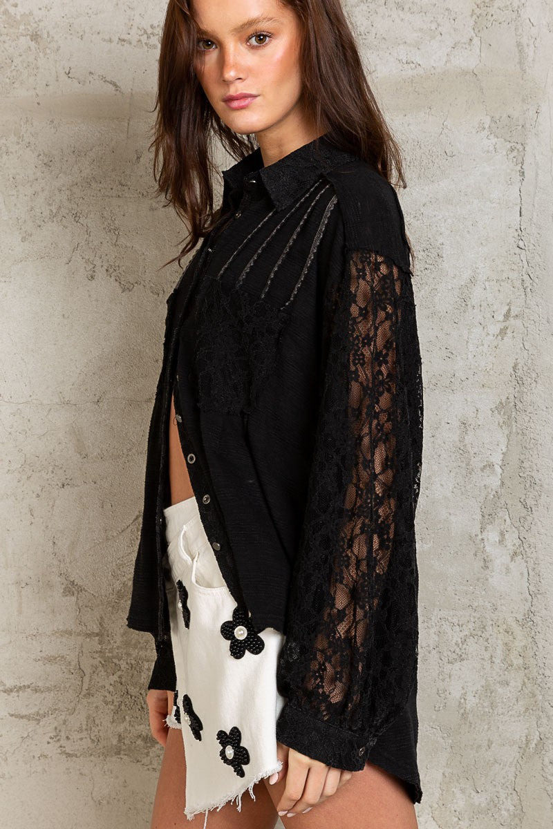 POL Textured Pin Tuck Contrast Lace Button Down Shirt Top