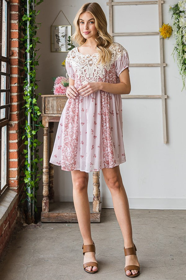 Oli & Hali Crochet Yoke Printed Dress