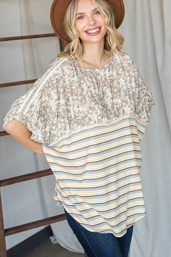 Oli & Hali Floral Print Crochet Detail Sleeve Top