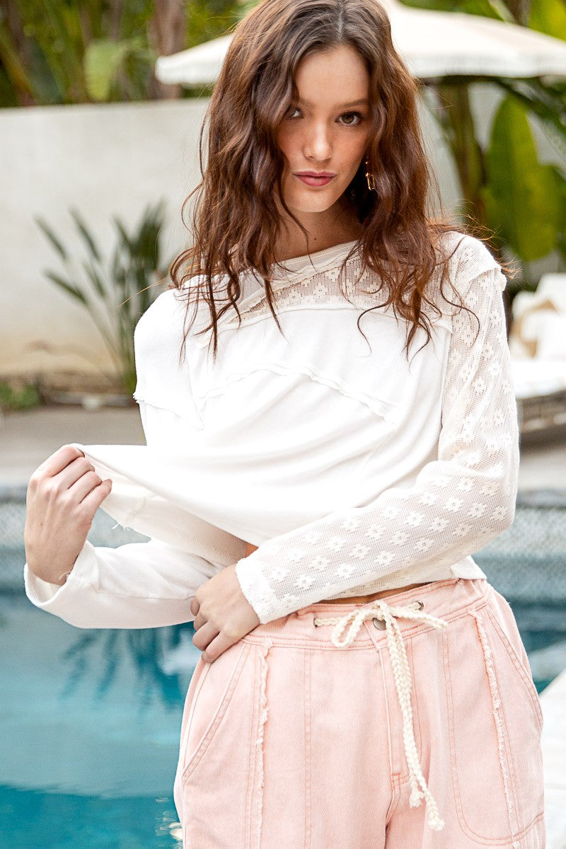 POL Lace Patchwork Round Neck Long Sleeves Ribbed Top