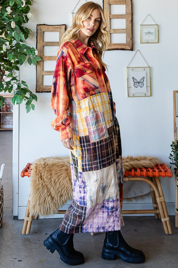 Oli & Hali Washed Plaid Mix Shirt Duster Jacket