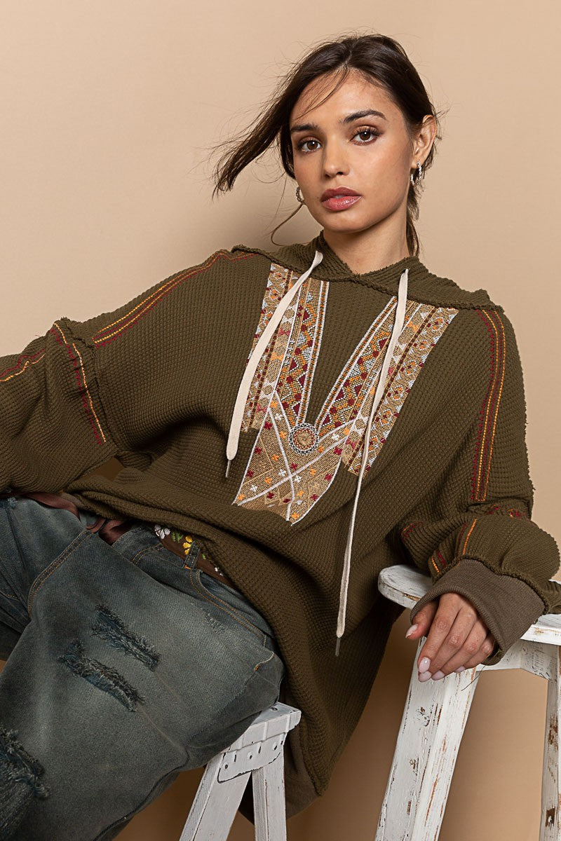 POL Oversized Embroidered Front Long Sleeve Top