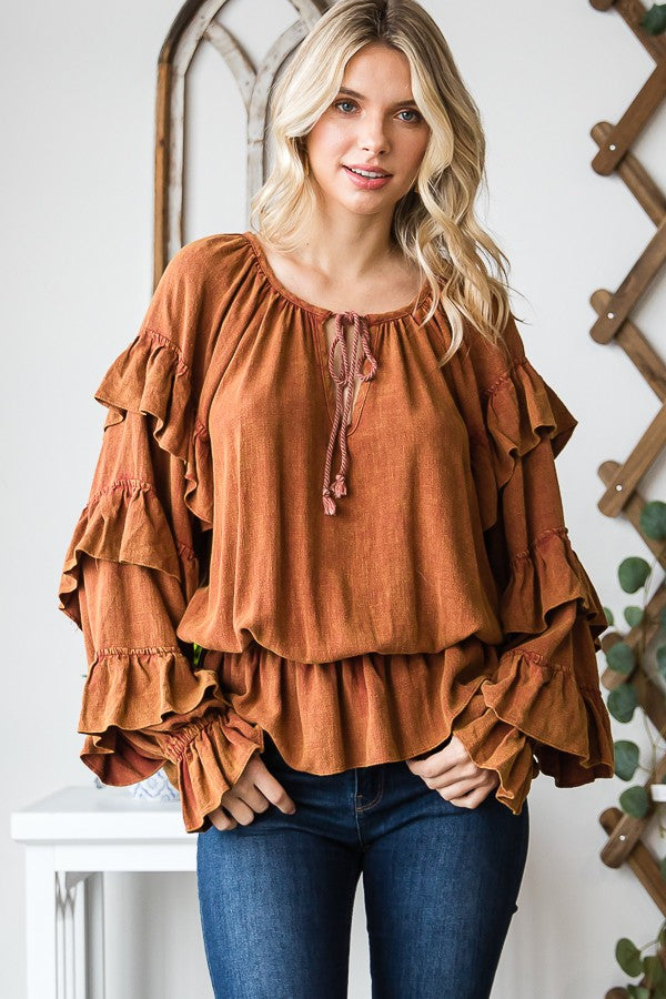 Oli & Hali Washed Ruffle Sleeve Peplum Top