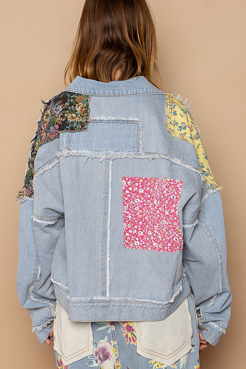 POL Long Sleeve Floral Patchwork Relaxed Fit Denim Jacket